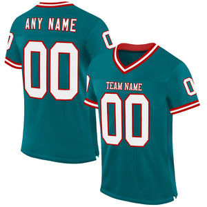 Custom Teal White-Red Mesh Authentic Throwback Football Jersey