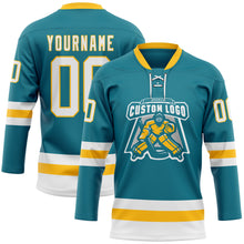 Загрузить изображение в средство просмотра галереи, Custom Teal White-Gold Hockey Lace Neck Jersey
