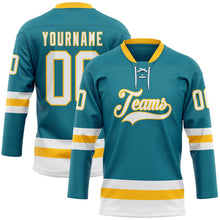 Загрузить изображение в средство просмотра галереи, Custom Teal White-Gold Hockey Lace Neck Jersey
