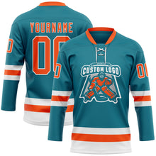 Загрузить изображение в средство просмотра галереи, Custom Teal Orange-White Hockey Lace Neck Jersey
