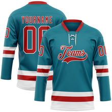 Загрузить изображение в средство просмотра галереи, Custom Teal Red-White Hockey Lace Neck Jersey
