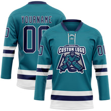 Загрузить изображение в средство просмотра галереи, Custom Teal Navy-White Hockey Lace Neck Jersey
