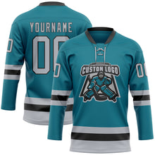 Загрузить изображение в средство просмотра галереи, Custom Teal Gray-Black Hockey Lace Neck Jersey
