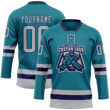 Загрузить изображение в средство просмотра галереи, Custom Teal Gray-Navy Hockey Lace Neck Jersey
