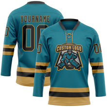 Загрузить изображение в средство просмотра галереи, Custom Teal Black-Old Gold Hockey Lace Neck Jersey
