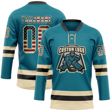 Загрузить изображение в средство просмотра галереи, Custom Teal Vintage USA Flag Cream-Black Hockey Lace Neck Jersey
