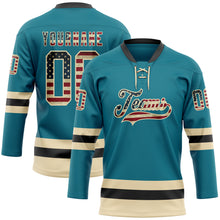 Загрузить изображение в средство просмотра галереи, Custom Teal Vintage USA Flag Cream-Black Hockey Lace Neck Jersey
