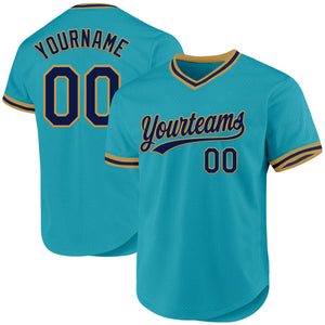 Custom Teal Navy-Old Gold Authentic Throwback Baseball Jersey