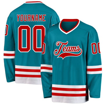 Custom Teal Red-White Hockey Jersey