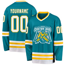 Laden Sie das Bild in den Galerie-Viewer, Custom Teal White-Gold Hockey Jersey
