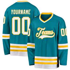 Custom Teal White-Gold Hockey Jersey