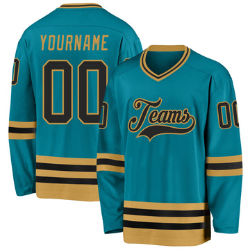 Custom Teal Black-Old Gold Hockey Jersey