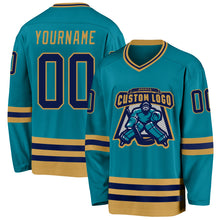 Laden Sie das Bild in den Galerie-Viewer, Custom Teal Navy-Old Gold Hockey Jersey
