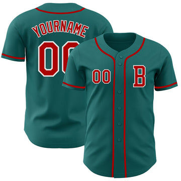 Custom Teal Red-White Authentic Baseball Jersey