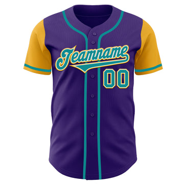 Custom Purple Teal-Gold Authentic Two Tone Baseball Jersey