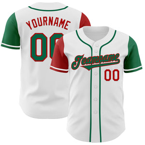 Custom White Kelly Green-Red Authentic Two Tone Baseball Jersey