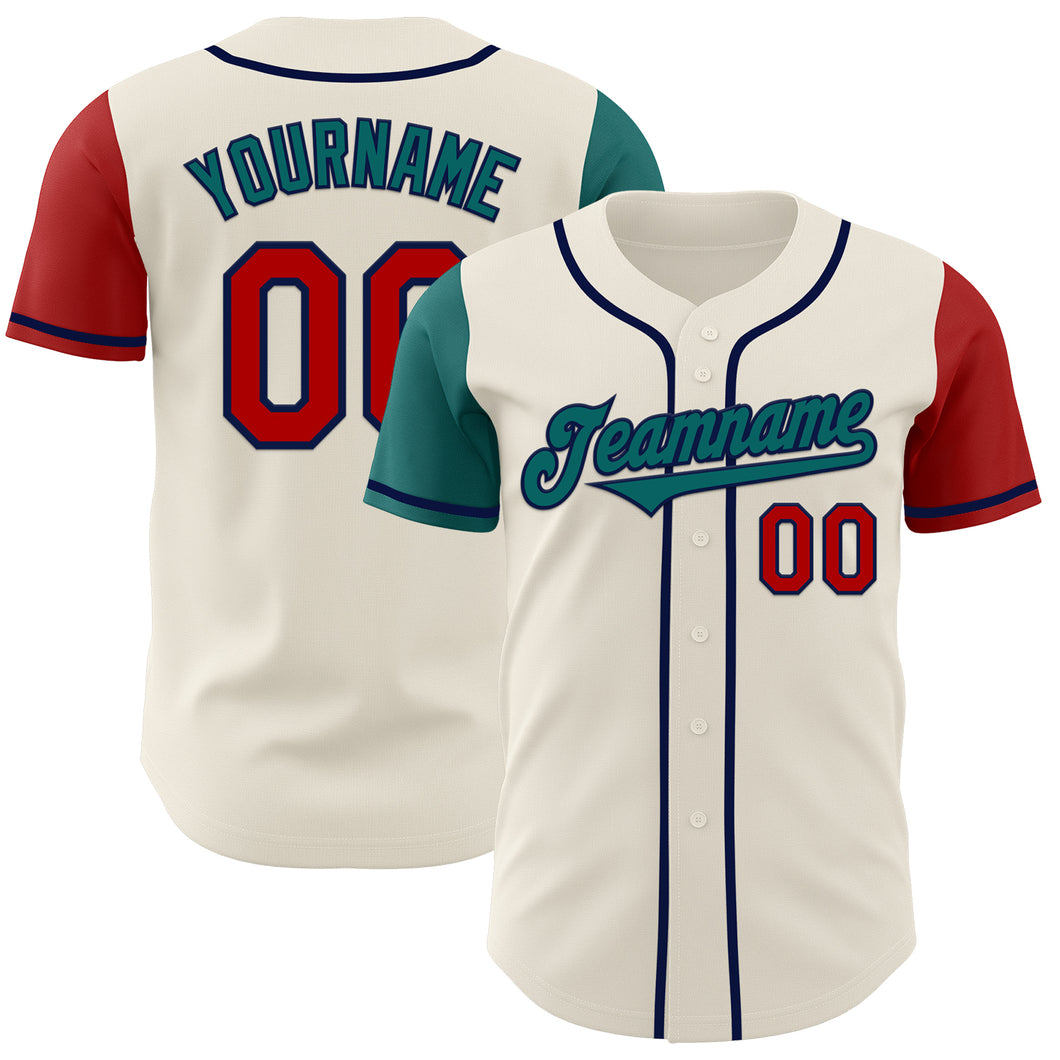 Custom Cream Red Teal-Navy Authentic Two Tone Baseball Jersey