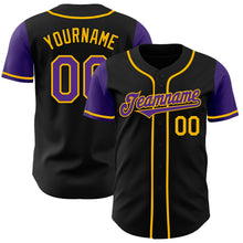 Load image into Gallery viewer, Custom Black Purple-Gold Authentic Two Tone Baseball Jersey
