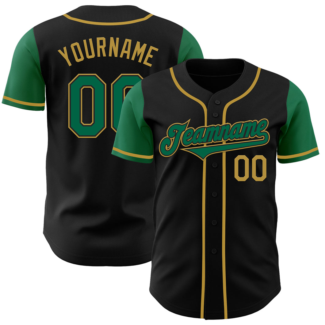 Custom Black Kelly Green-Old Gold Authentic Two Tone Baseball Jersey