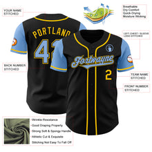 Load image into Gallery viewer, Custom Black Light Blue-Yellow Authentic Two Tone Baseball Jersey
