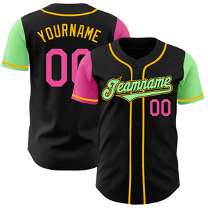 Custom Black Pink Pea Green-Gold Authentic Two Tone Baseball Jersey