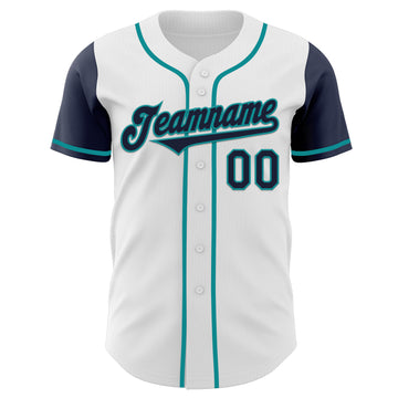 Custom White Navy-Teal Authentic Two Tone Baseball Jersey