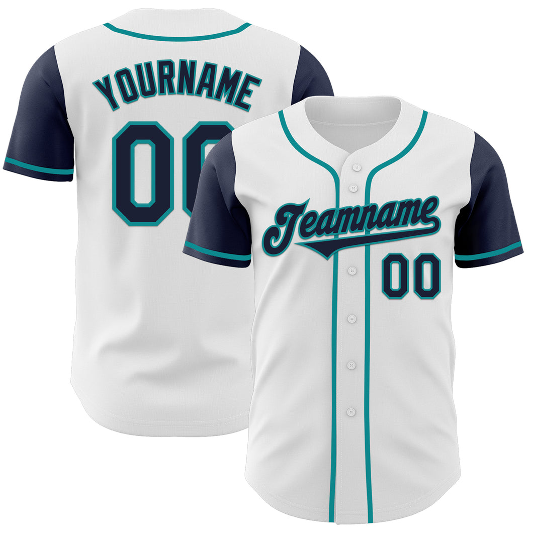 Custom White Navy-Teal Authentic Two Tone Baseball Jersey