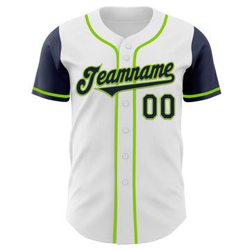 Custom White Navy-Neon Green Authentic Two Tone Baseball Jersey