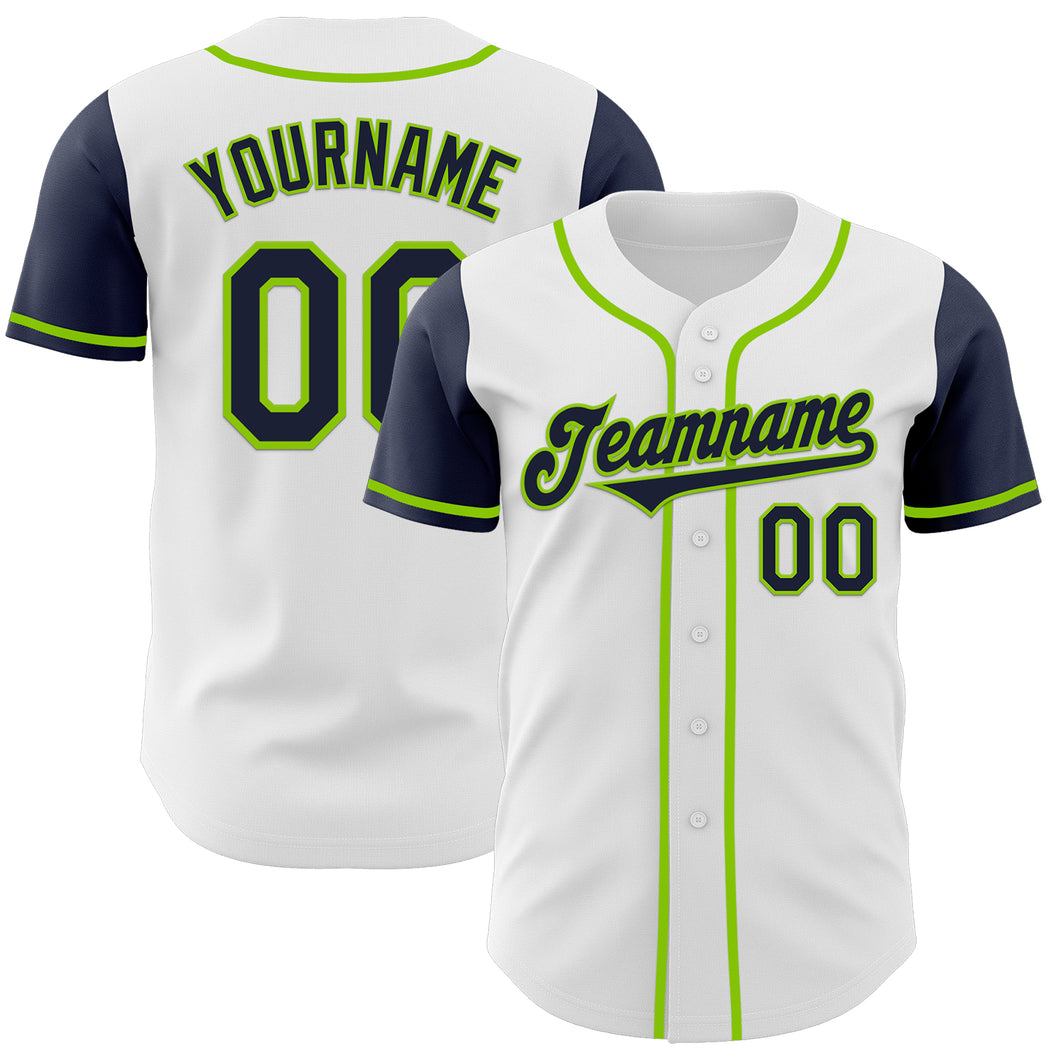 Custom White Navy-Neon Green Authentic Two Tone Baseball Jersey