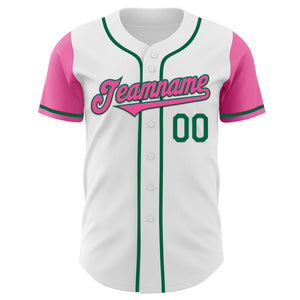 Custom White Pink-Kelly Green Authentic Two Tone Baseball Jersey