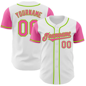 Custom White Pink-Neon Green Authentic Two Tone Baseball Jersey