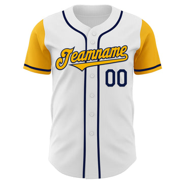 Custom White Gold-Navy Authentic Two Tone Baseball Jersey