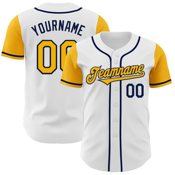 Custom White Gold-Navy Authentic Two Tone Baseball Jersey