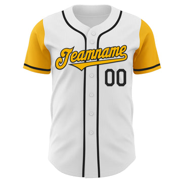 Custom White Gold-Black Authentic Two Tone Baseball Jersey