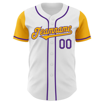 Custom White Gold-Purple Authentic Two Tone Baseball Jersey