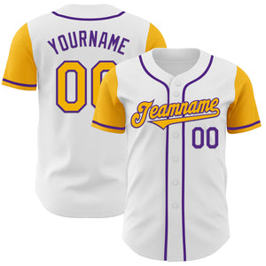 Custom White Gold-Purple Authentic Two Tone Baseball Jersey