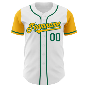 Custom White Gold-Kelly Green Authentic Two Tone Baseball Jersey