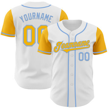 Custom White Gold-Light Blue Authentic Two Tone Baseball Jersey