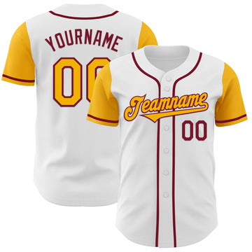 Custom White Gold-Crimson Authentic Two Tone Baseball Jersey