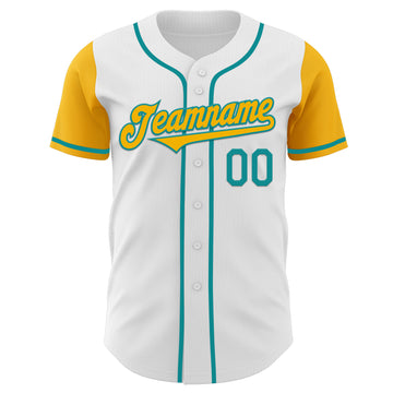 Custom White Gold-Teal Authentic Two Tone Baseball Jersey