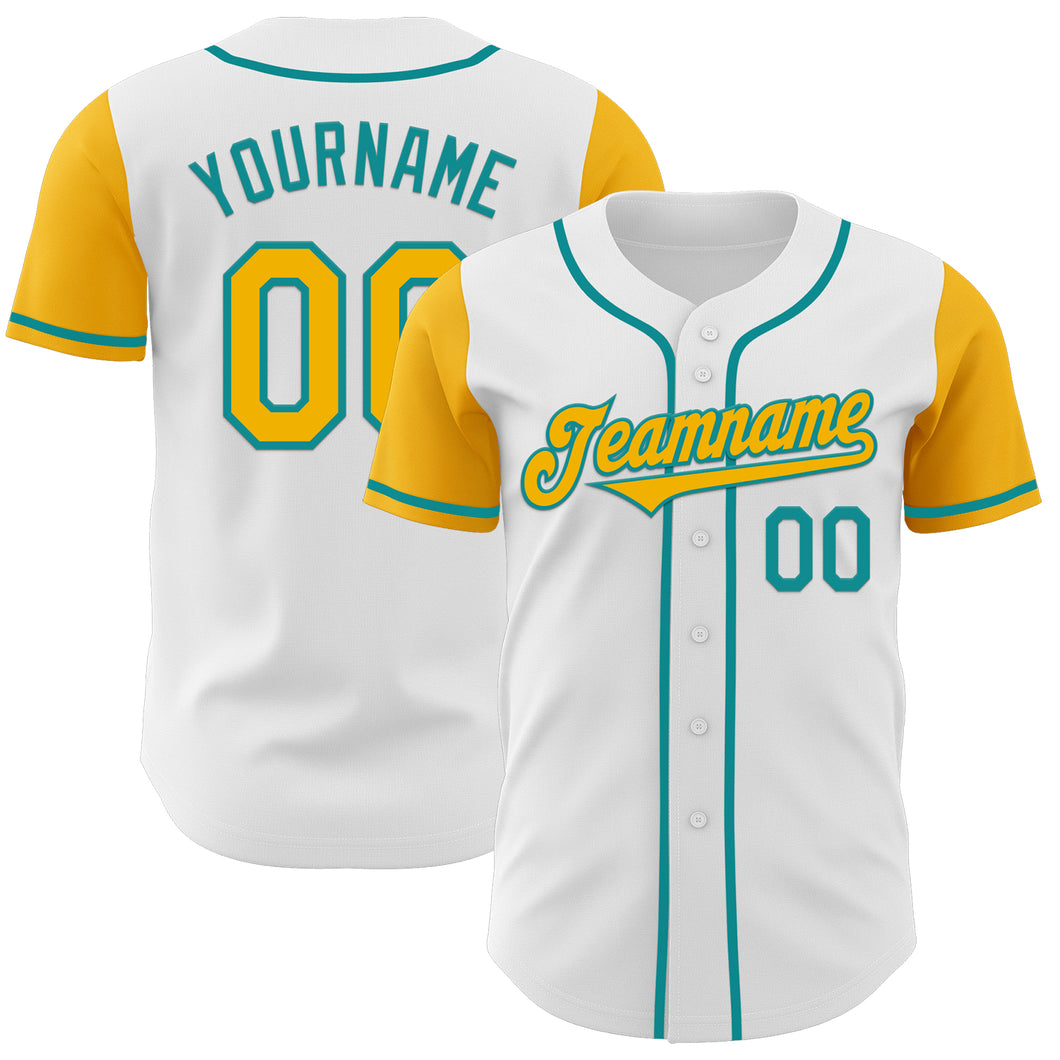 Custom White Gold-Teal Authentic Two Tone Baseball Jersey