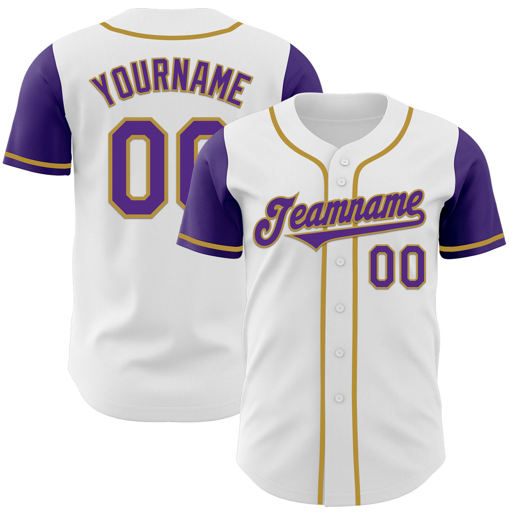 Custom White Purple-Old Gold Authentic Two Tone Baseball Jersey