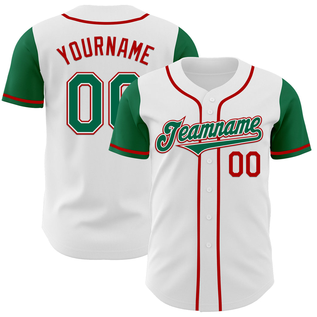 Custom White Kelly Green-Red Authentic Two Tone Baseball Jersey