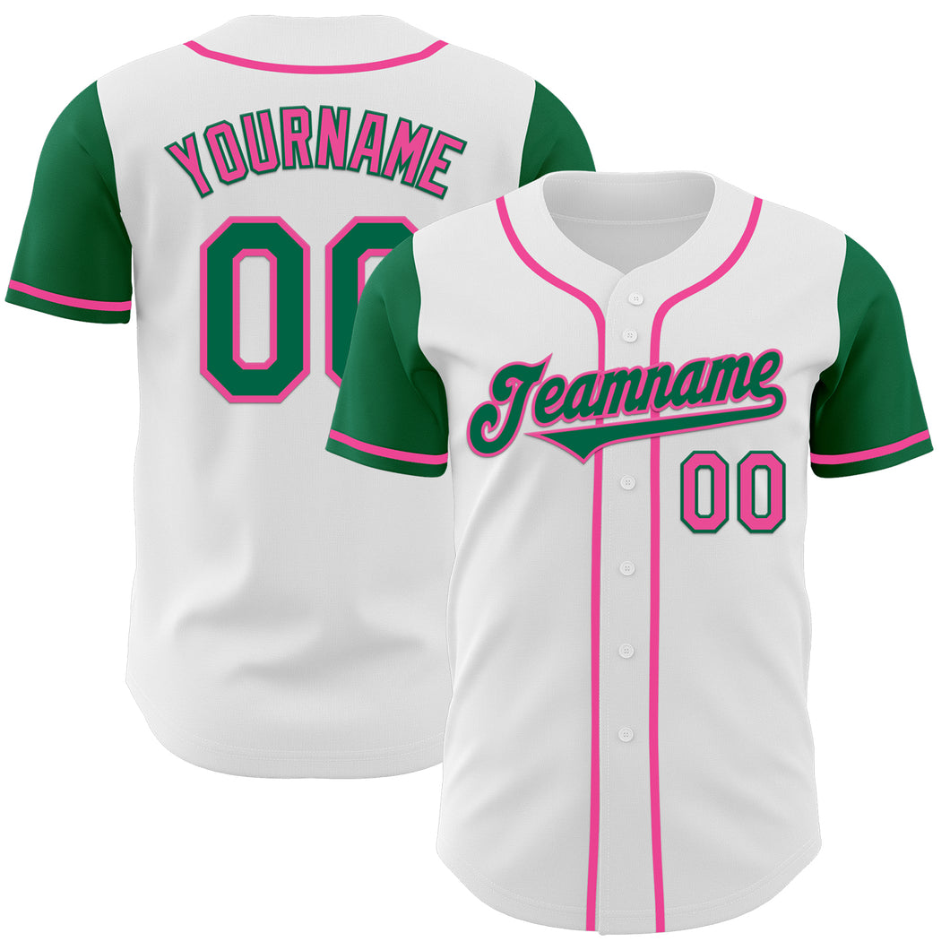 Custom White Kelly Green-Pink Authentic Two Tone Baseball Jersey