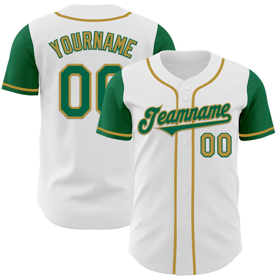 Custom White Kelly Green-Old Gold Authentic Two Tone Baseball Jersey