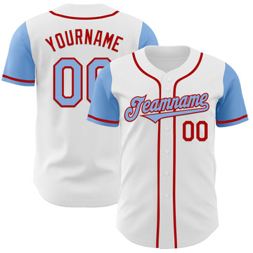 Custom White Light Blue-Red Authentic Two Tone Baseball Jersey