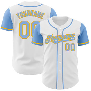 Custom White Light Blue-Gold Authentic Two Tone Baseball Jersey