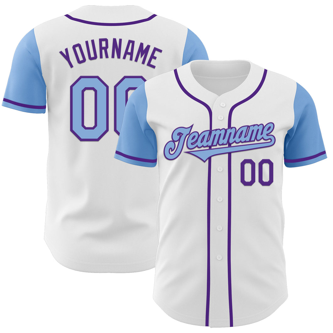 Custom White Light Blue-Purple Authentic Two Tone Baseball Jersey