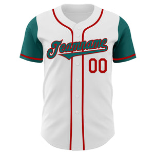 Custom White Teal-Red Authentic Two Tone Baseball Jersey