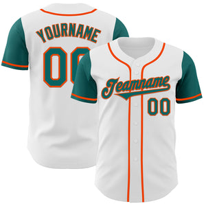 Custom White Teal-Orange Authentic Two Tone Baseball Jersey